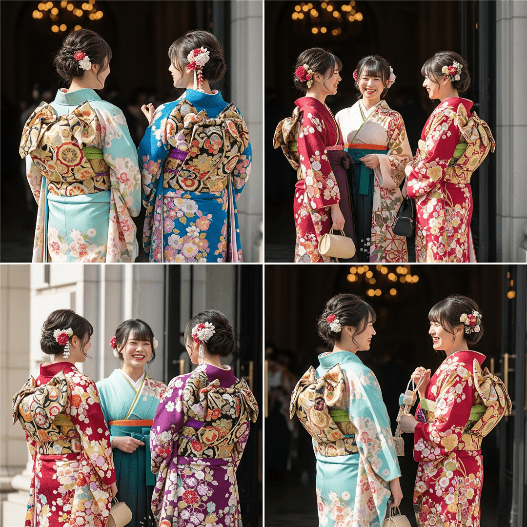 成人式で振袖姿の友人たちと談笑する新成人