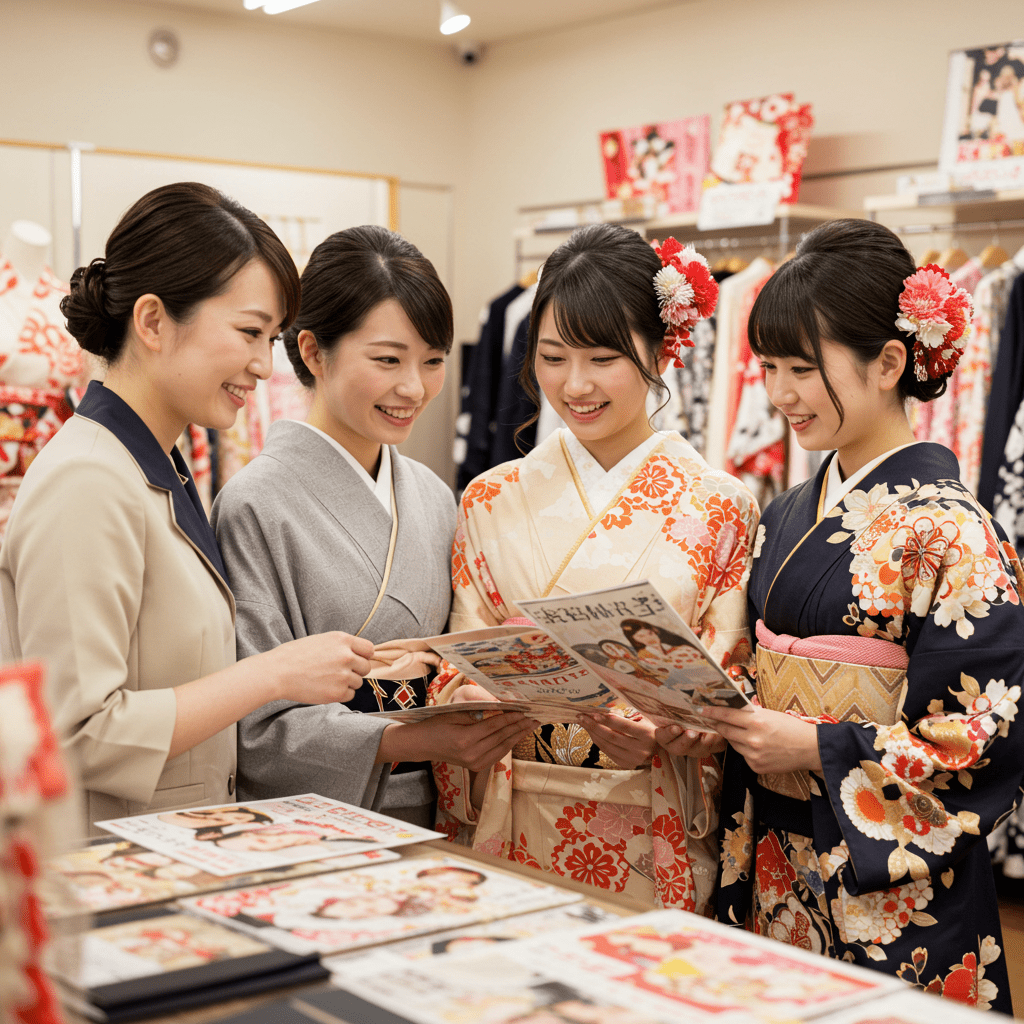 成人式の振袖をレンタル店で楽しく相談する女性