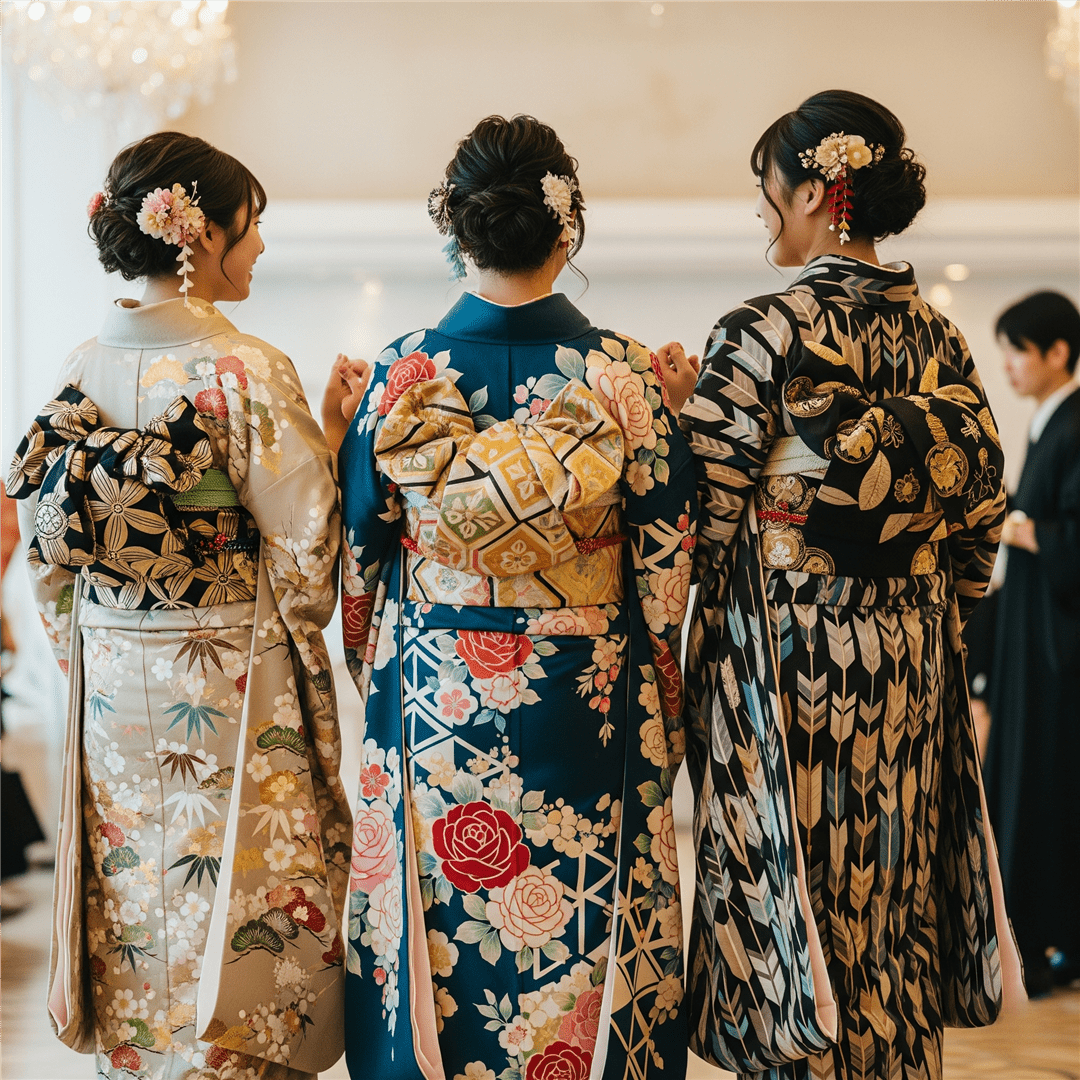 成人式で人気の様々な柄の振袖を着た女性たち