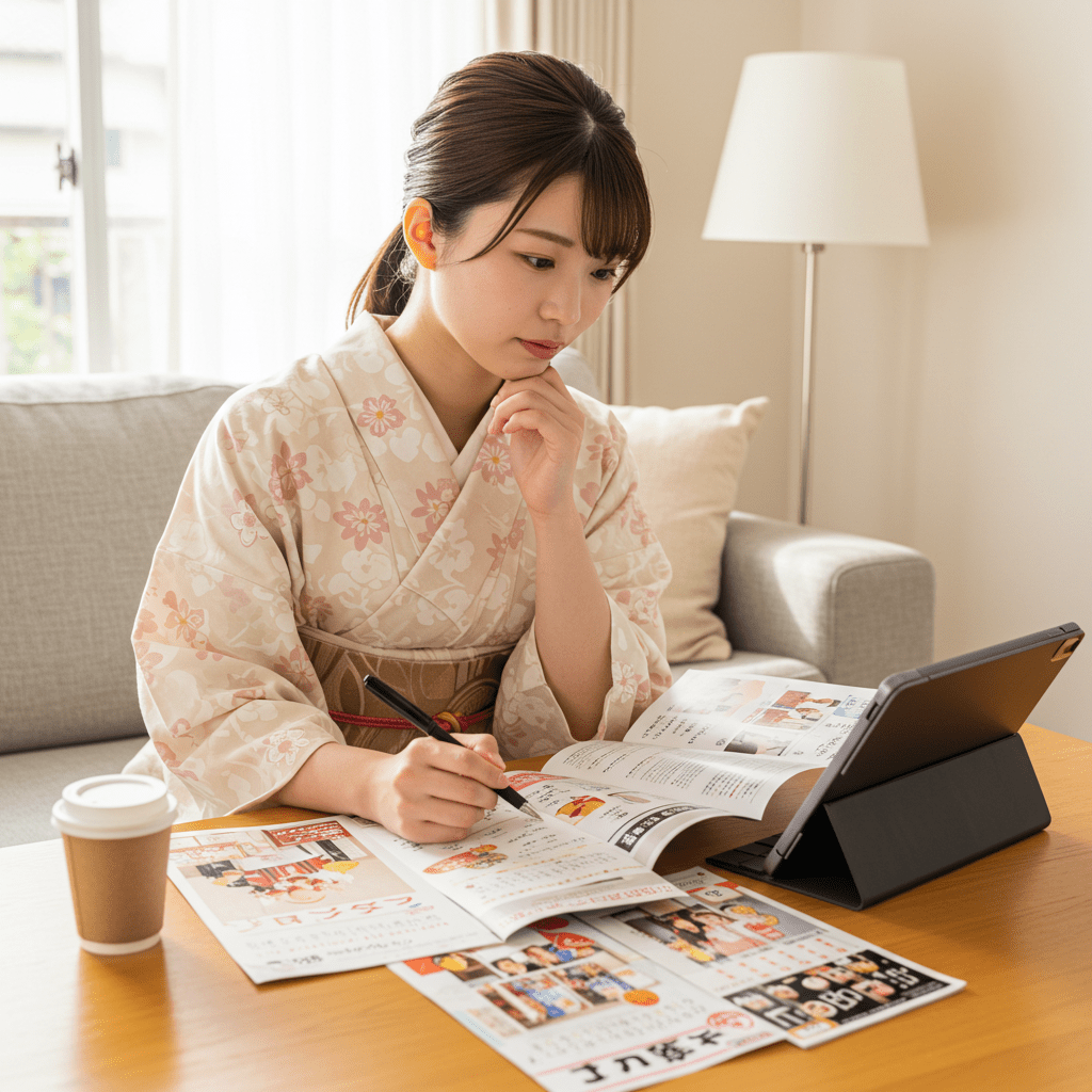 着物レンタルの資料を並べて比較検討する女性