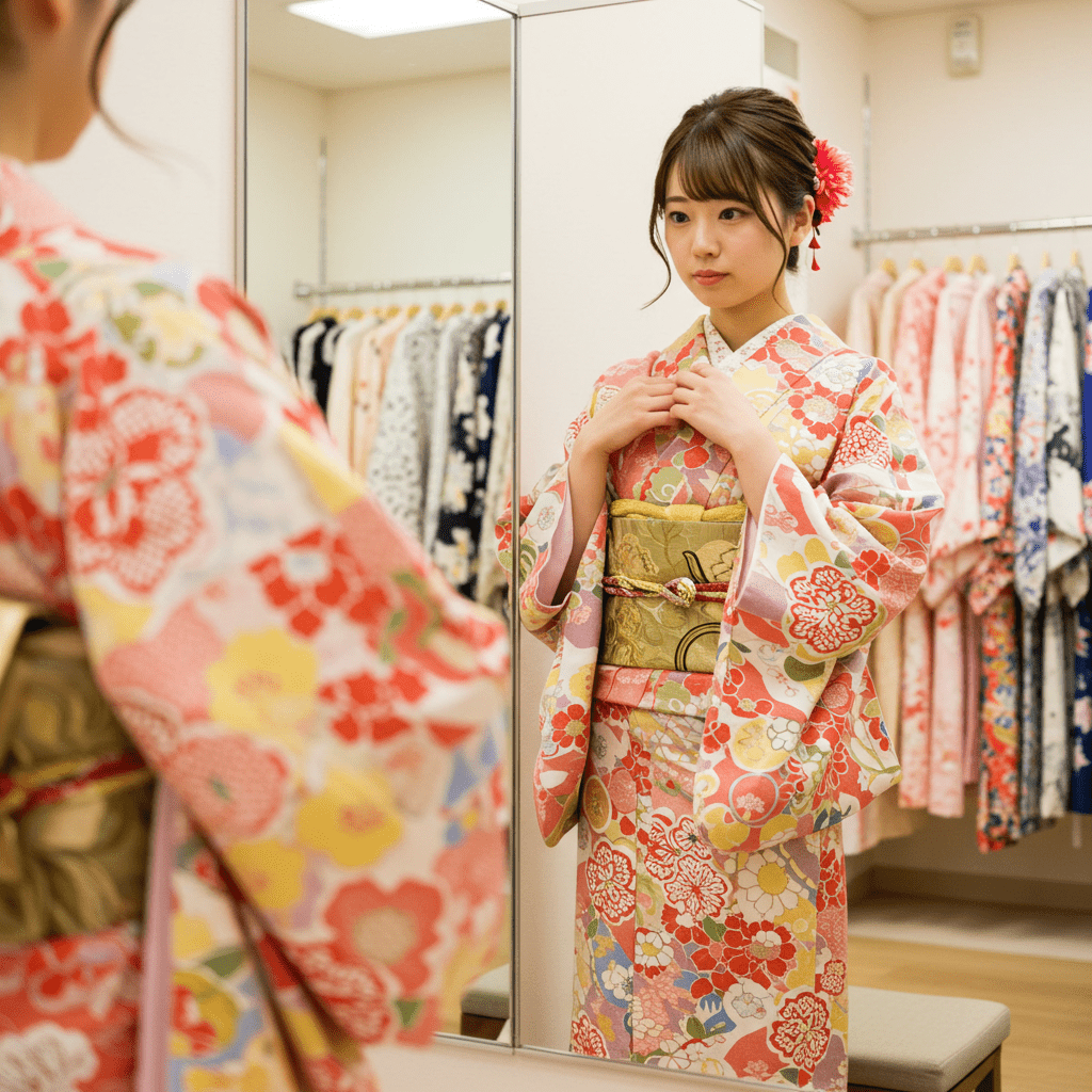着物店で着物を試着し顔映りを確認する女性