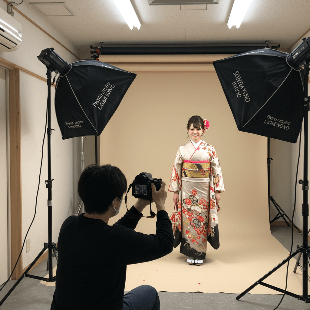 フォトスタジオで着物姿の記念写真を撮る女性