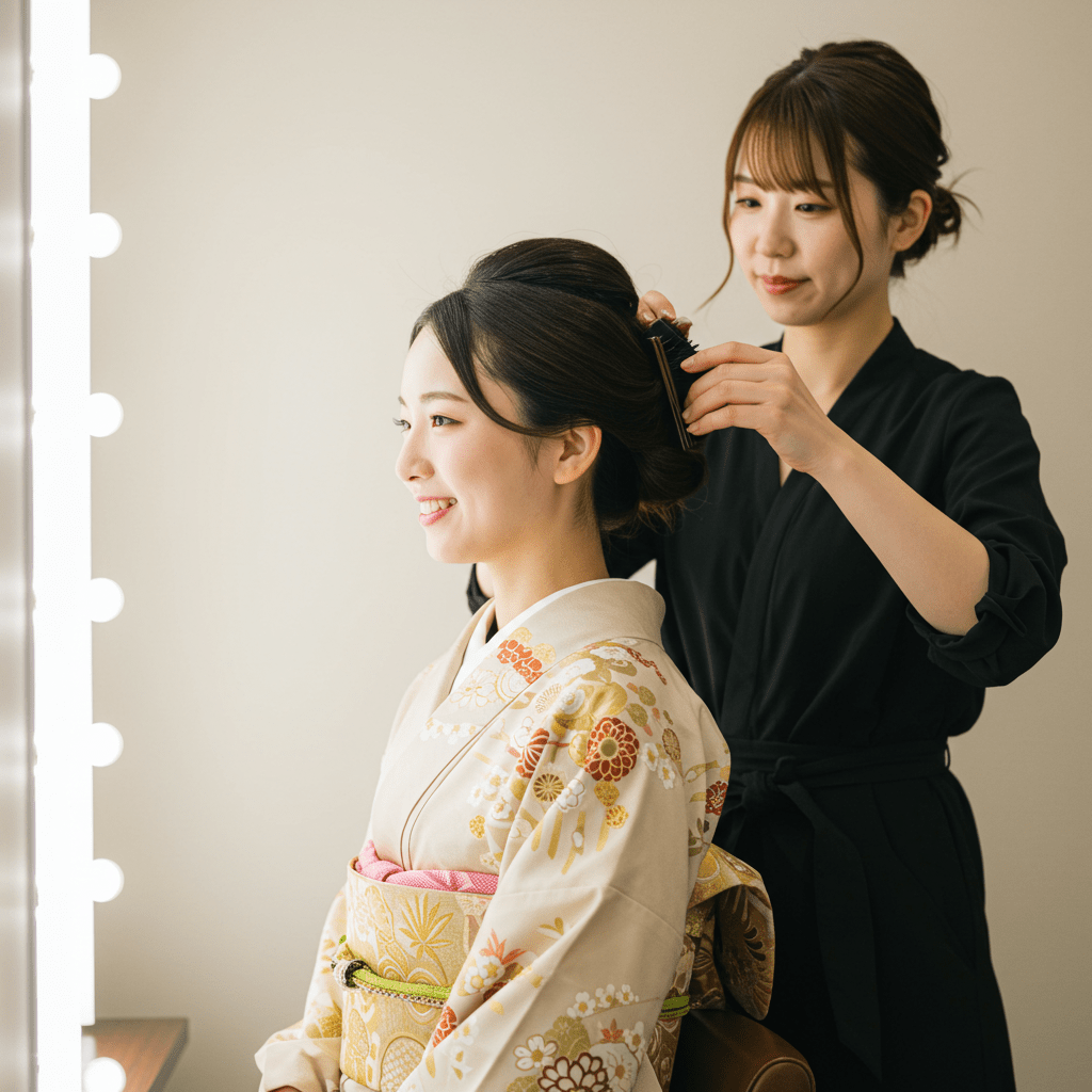 着物姿のために美容室でヘアセットをする日本人女性