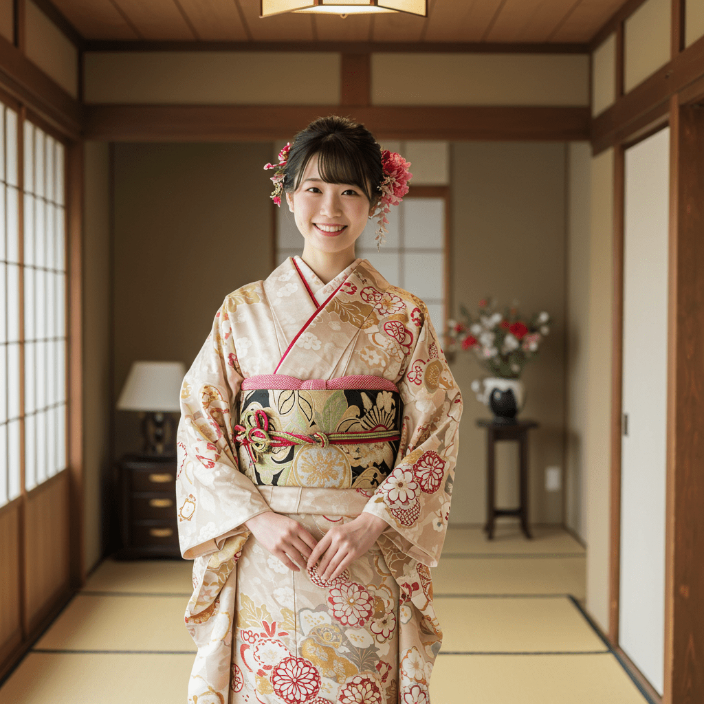 ママ振袖を現代風小物で着こなす若い女性