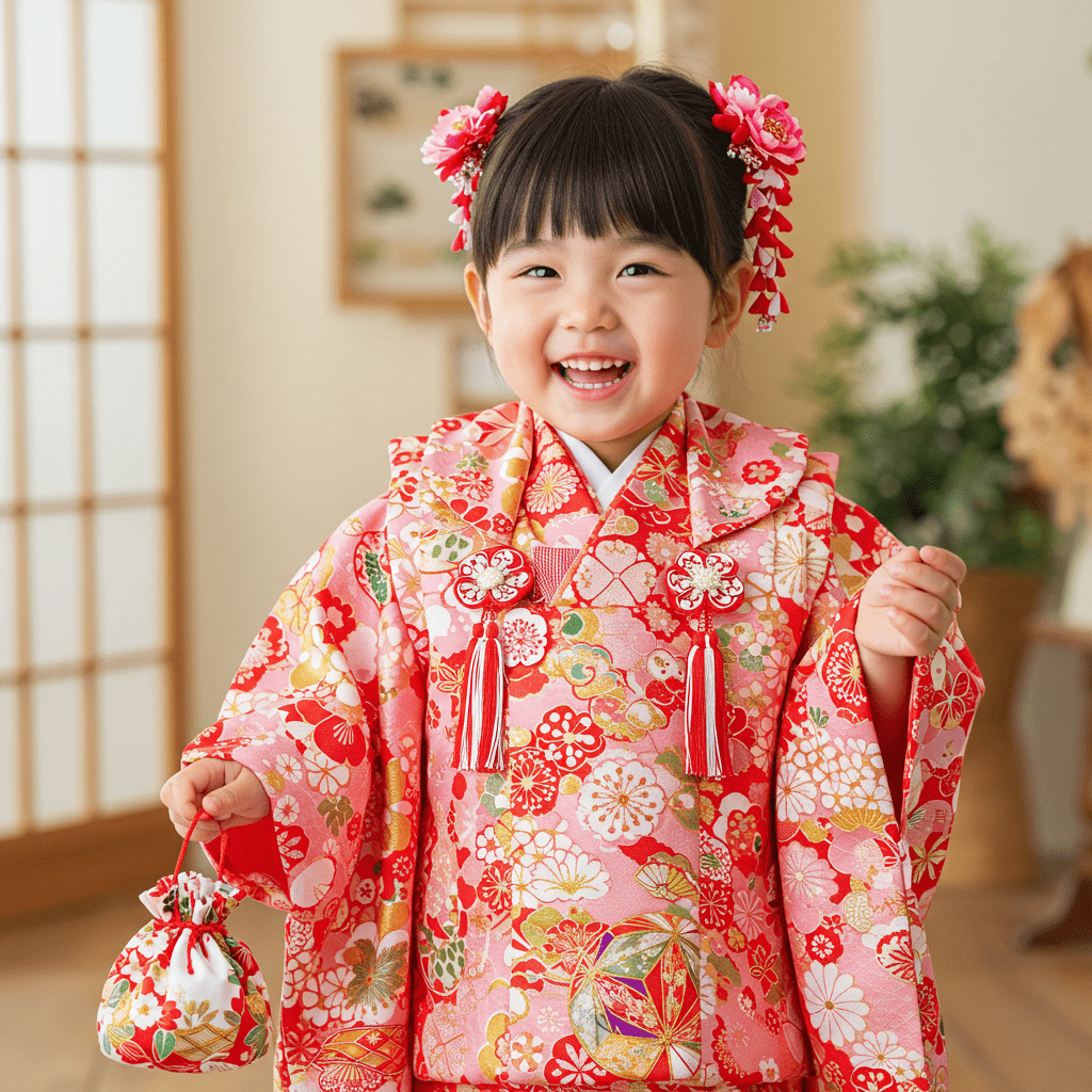 七五三用の可愛い被布を着た3歳の女の子