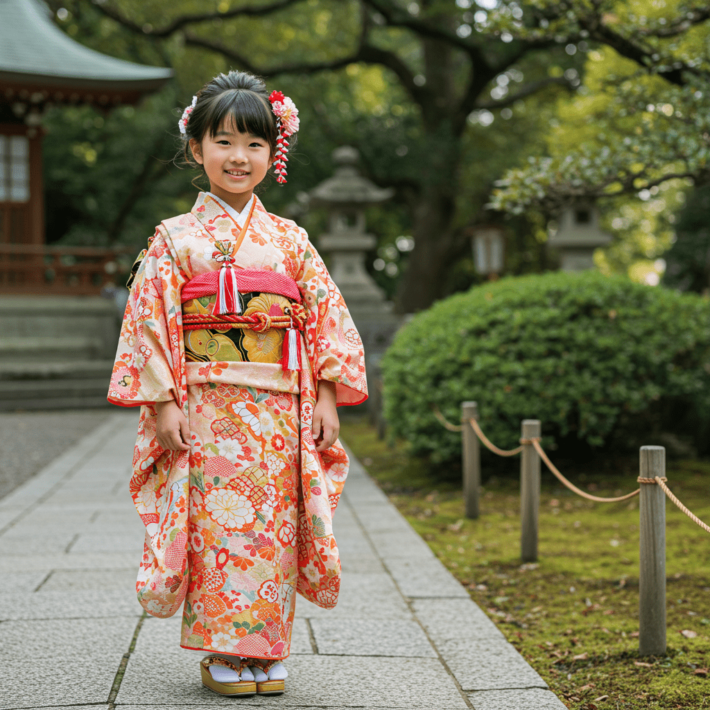 七五三で華やかな振袖を着た7歳の女の子
