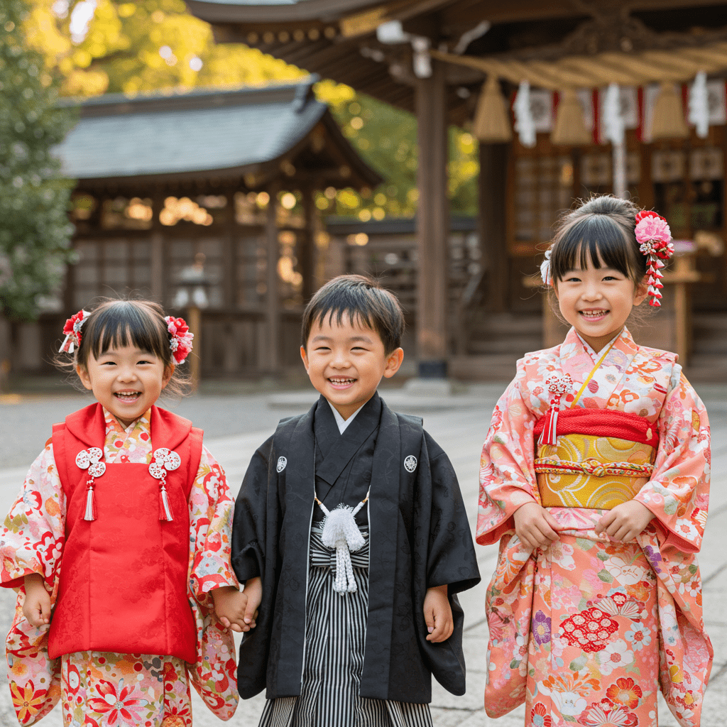 七五三の晴れ着姿で神社にお参りする子供たち