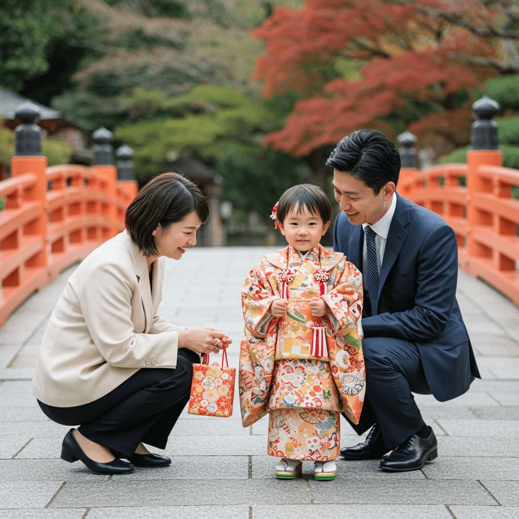 七五三の晴れ着姿の子供と見守る家族の温かい光景