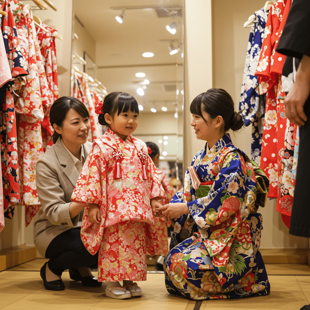七五三の着物をレンタル店で試着する親子