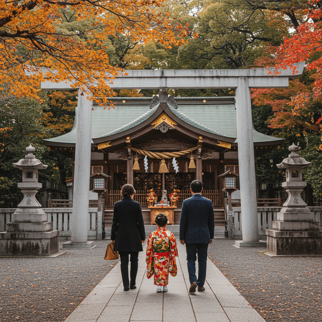 七五三詣りで神社を訪れた着物姿の家族